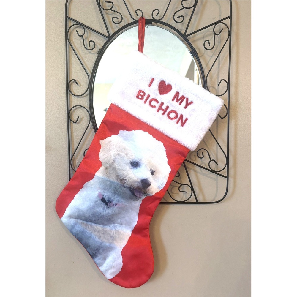 NEW Red Satin I LOVE MY BICHON Dog Christmas Holiday Faux Fur Stocking 18"
